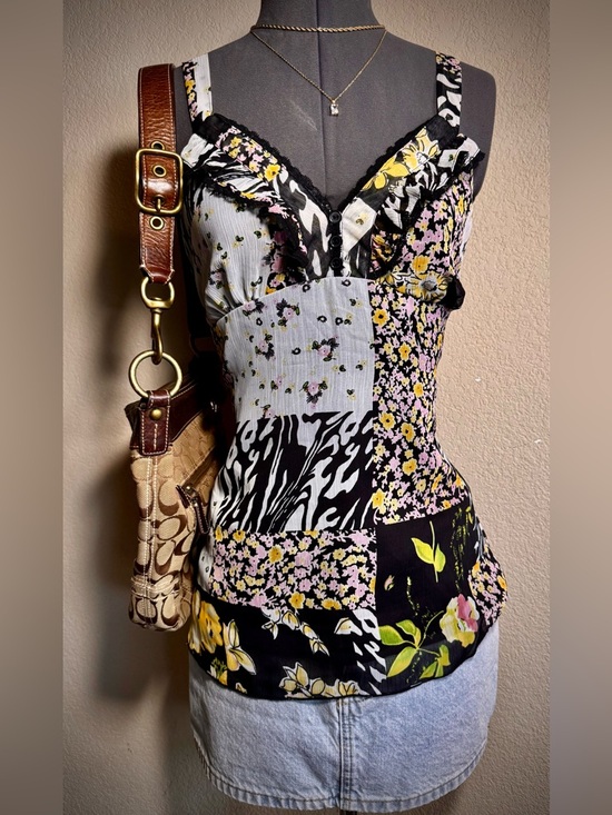 Vintage Tops - Vintage Y2K Patchwork Tie Wrap Tank Top Lace M L B-Wear